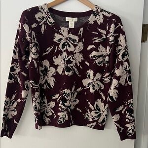Cynthia Rowley Burgundy and Cream Floral Crew Neck Sweater